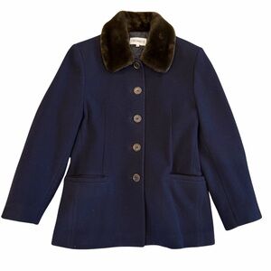 Simonetta Dark Blue Pea Coat with Faux Fur Collar